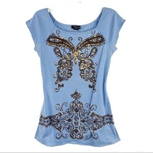 NEW-NO Tags-Vintage Eyeshadow Purple Blue Cap Sleeve print Sequin Top SZ Medium